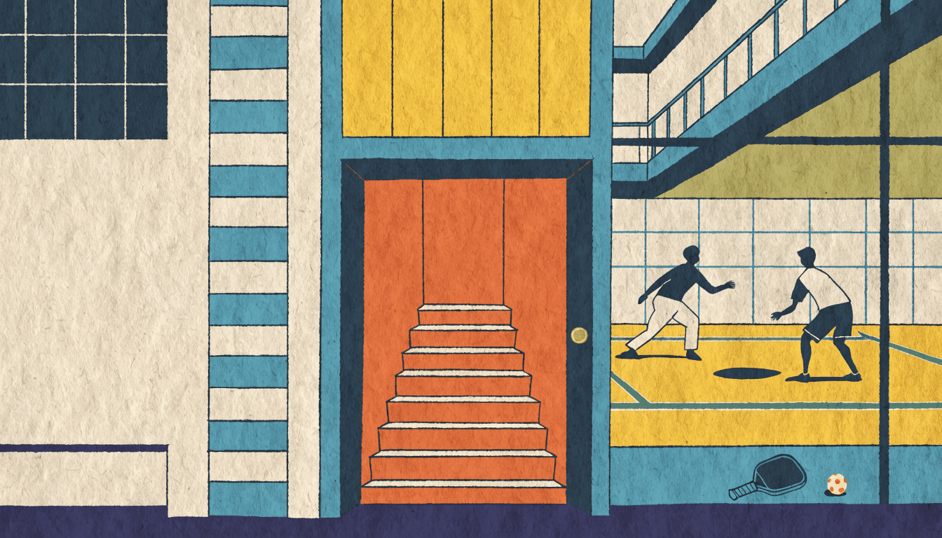 Two silhouetted figures rally on a glowing yellow-lit court beside a stairwell leading down into a hotel basement, a paddle and ball resting at the entrance.