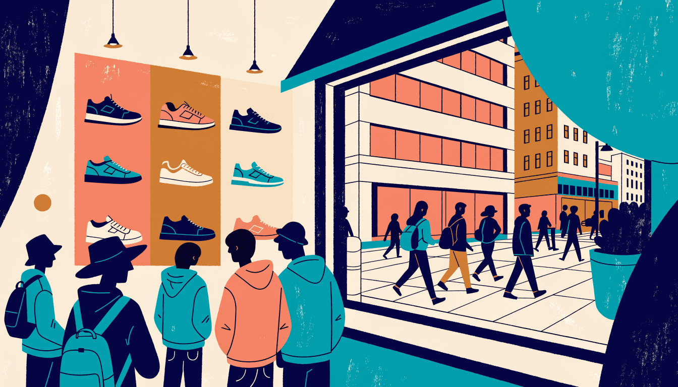 Illustration of a sneaker pop-up shop with a wall of sneaker silhouettes on display and young shoppers browsing, a busy city street visible through a large window.
