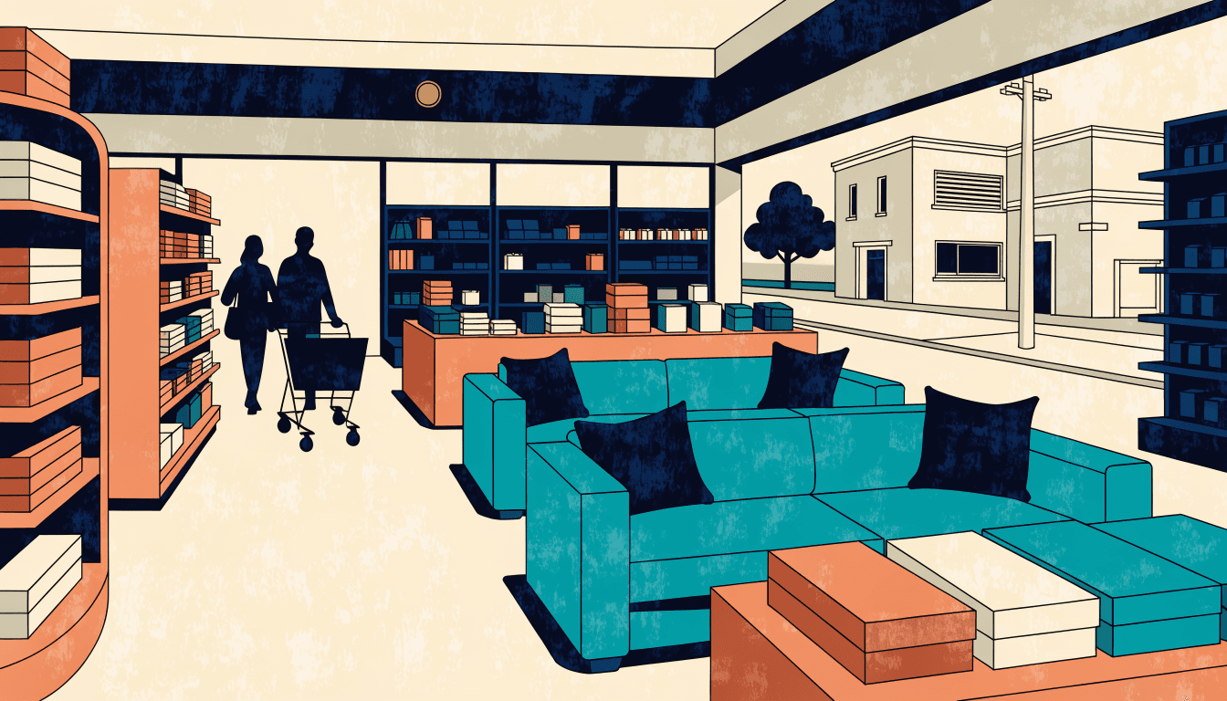 Illustration of a regional Japanese home-goods store inside a shopping mall, shoppers browsing furniture and homeware with a quiet street visible outside