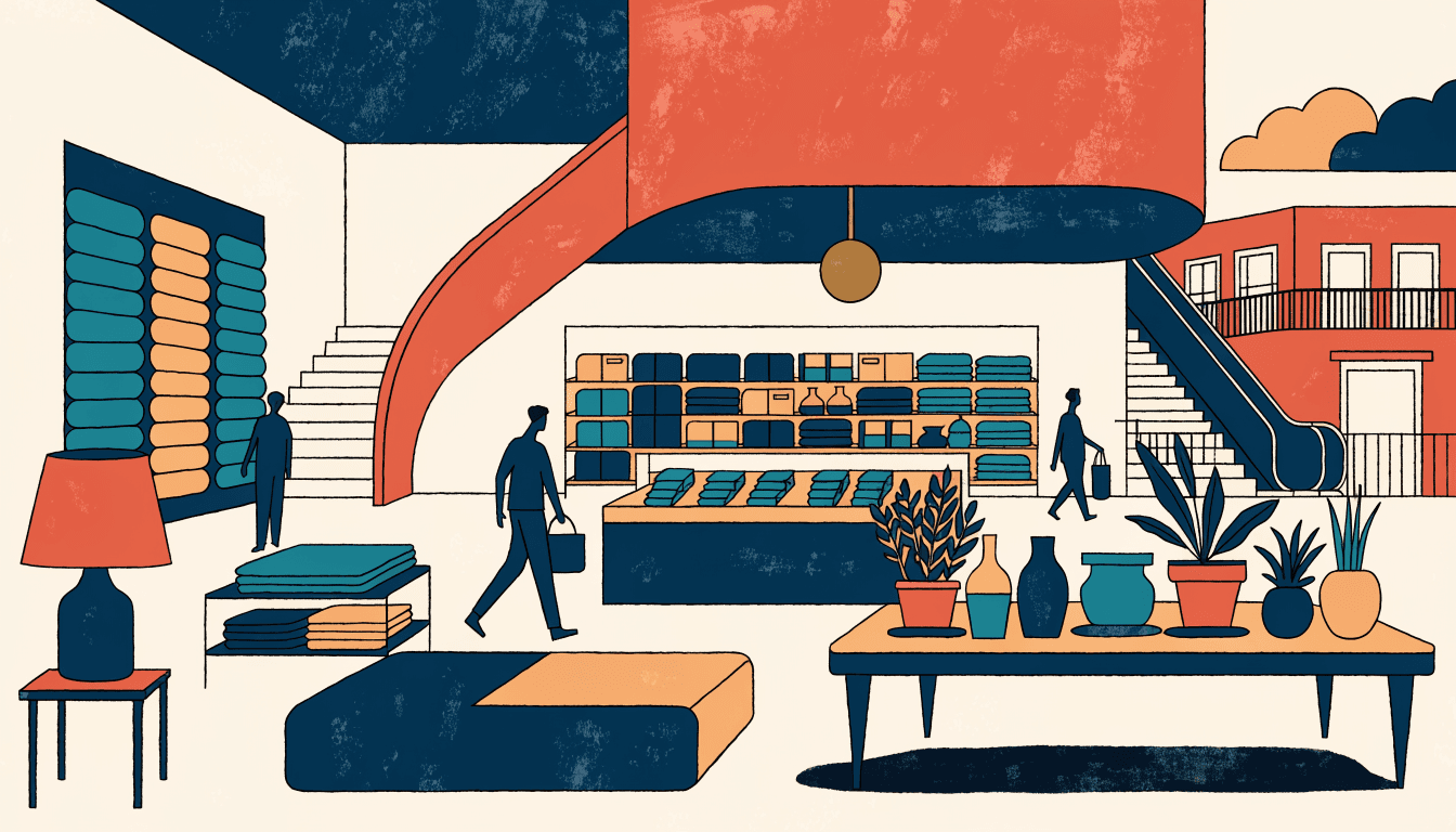 Illustration of a bright home-goods store floor inside a suburban Hong Kong shopping mall, shoppers browsing furniture and housewares near an escalator.