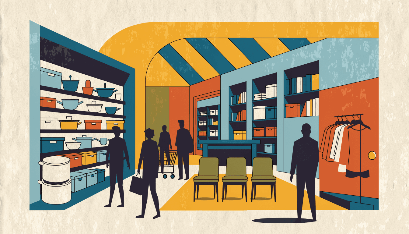 Editorial illustration of a home-centre showroom with cookware shelves and a small corner of women's clothing racks, shoppers shown as silhouettes.