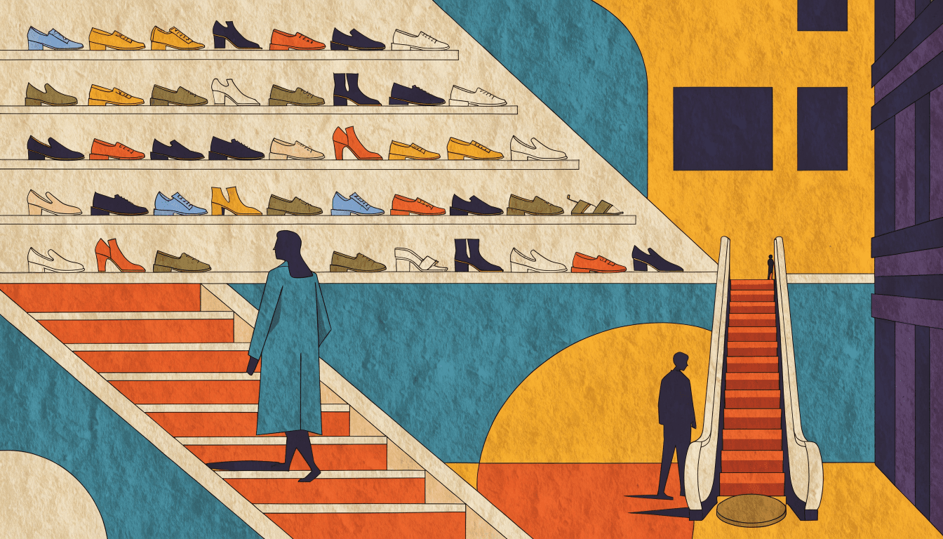 Illustration of a department store shoe floor, with rows of colourful shoes on angled shelving above a diagonal staircase, a silhouette figure descending in a long coat, and a second figure waiting by an escalator.