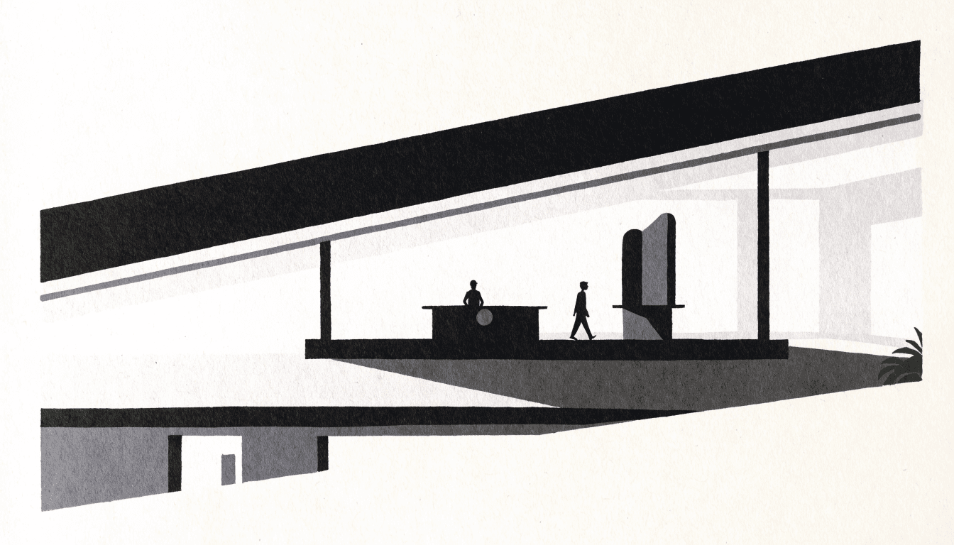 Illustration of a layered dining-and-gallery floor inside a suburban Tokyo shopping building: small restaurant counters and a gallery nook opening onto a sunlit atrium, with a sliver of potted greenery suggesting a farm corner, one or two silhouetted visitors moving between the spaces.