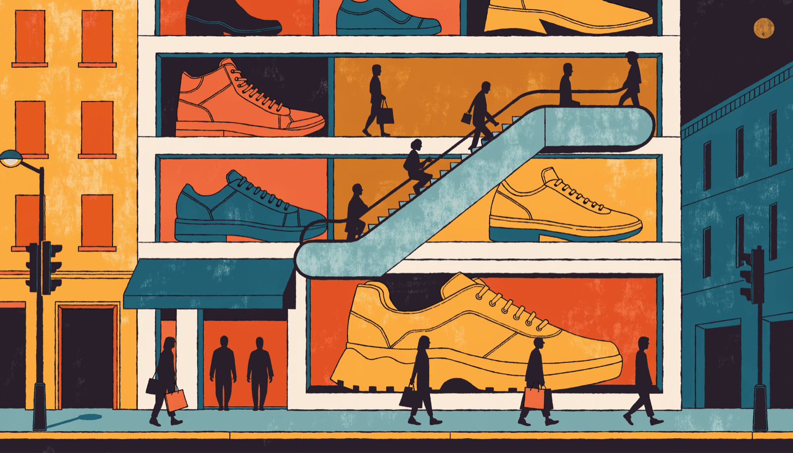 A stylised cross-section illustration of a tall four-floor sportswear flagship on a dense city street, its lower floor lined with shoe displays.