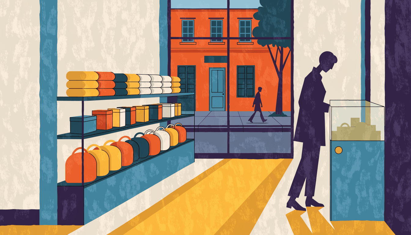 Illustration of a boutique interior with shelves of accessories, a shopper browsing near a display case, a tree-lined street outside.