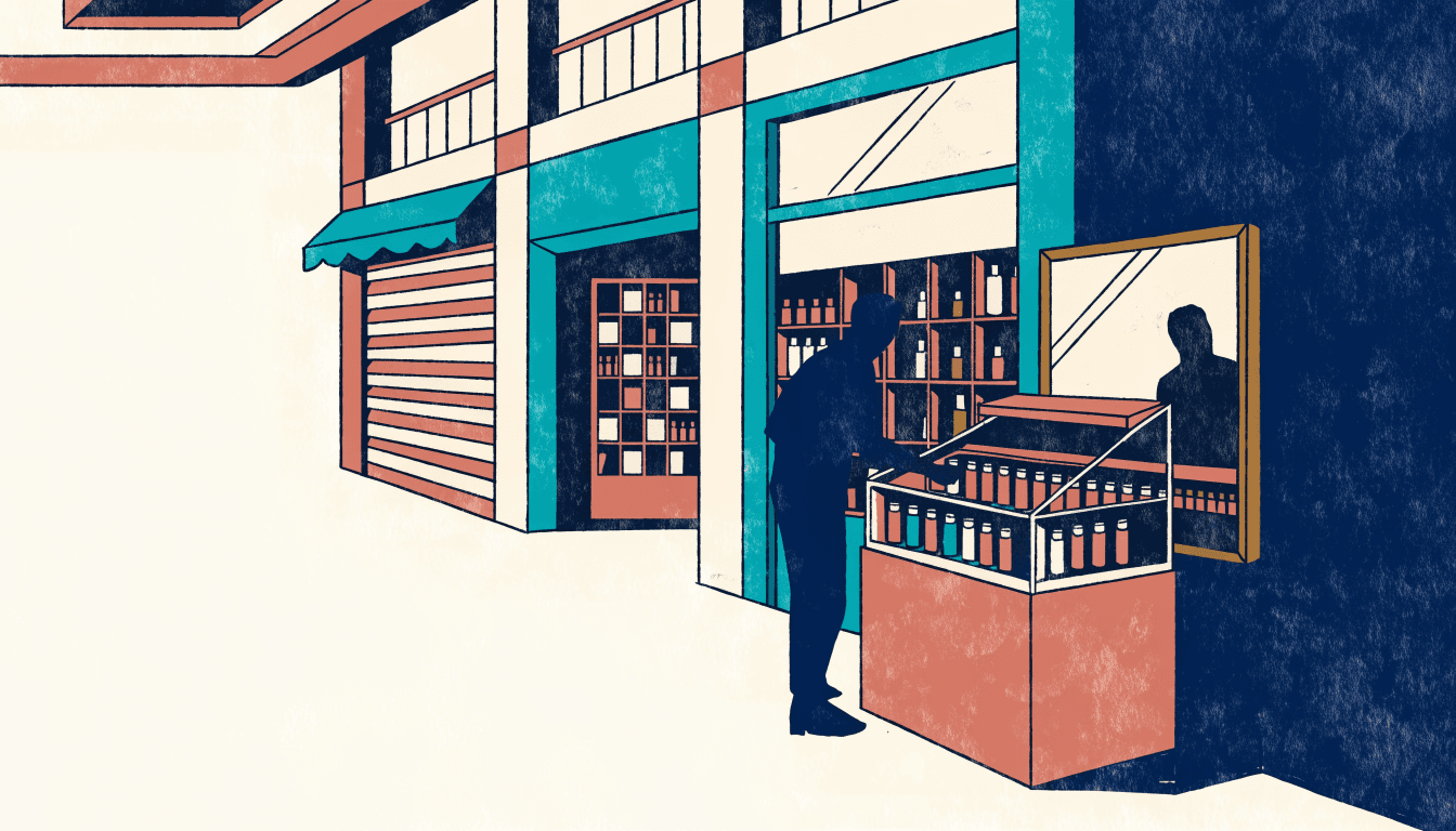 Illustration of a compact beauty counter in an underground Osaka shopping arcade, a shopper silhouette selecting from a self-serve sample stand, warm editorial style.