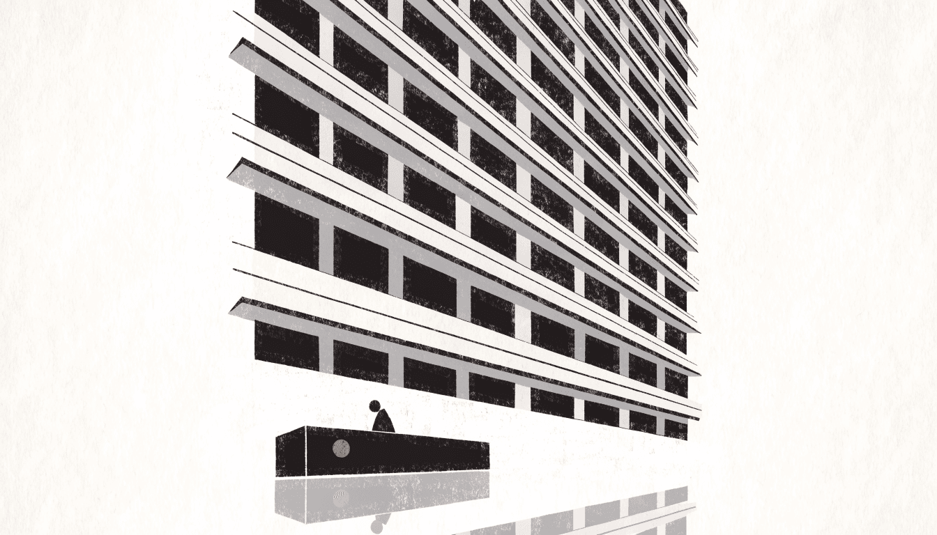 Illustration looking up into the tall atrium of an Osaka city hotel at dusk, tiers of walkways and unlit room windows above a single silhouetted figure at the reception desk.