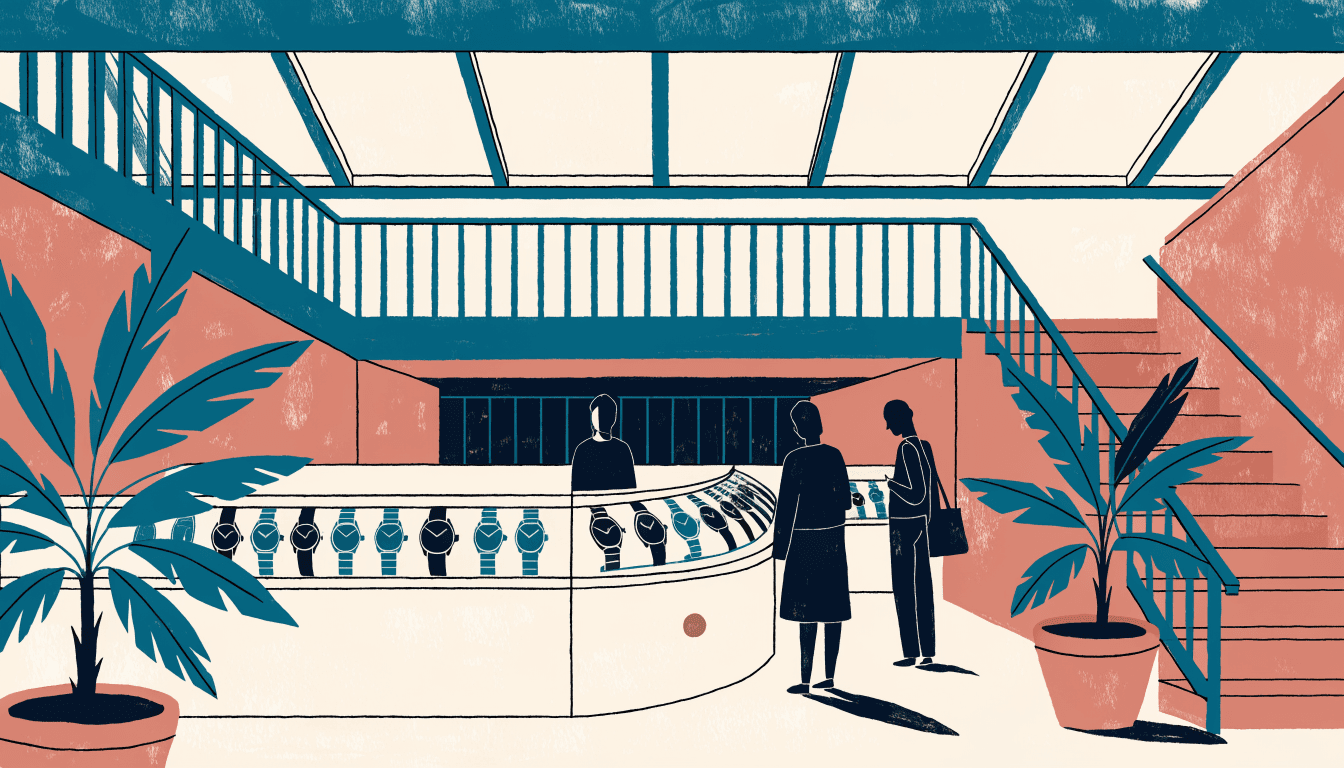 Editorial illustration — a curved glass counter lined with wristwatches in a skylit, multi-level Singapore shopping arcade, an attendant behind the counter and two shoppers browsing among potted palms.