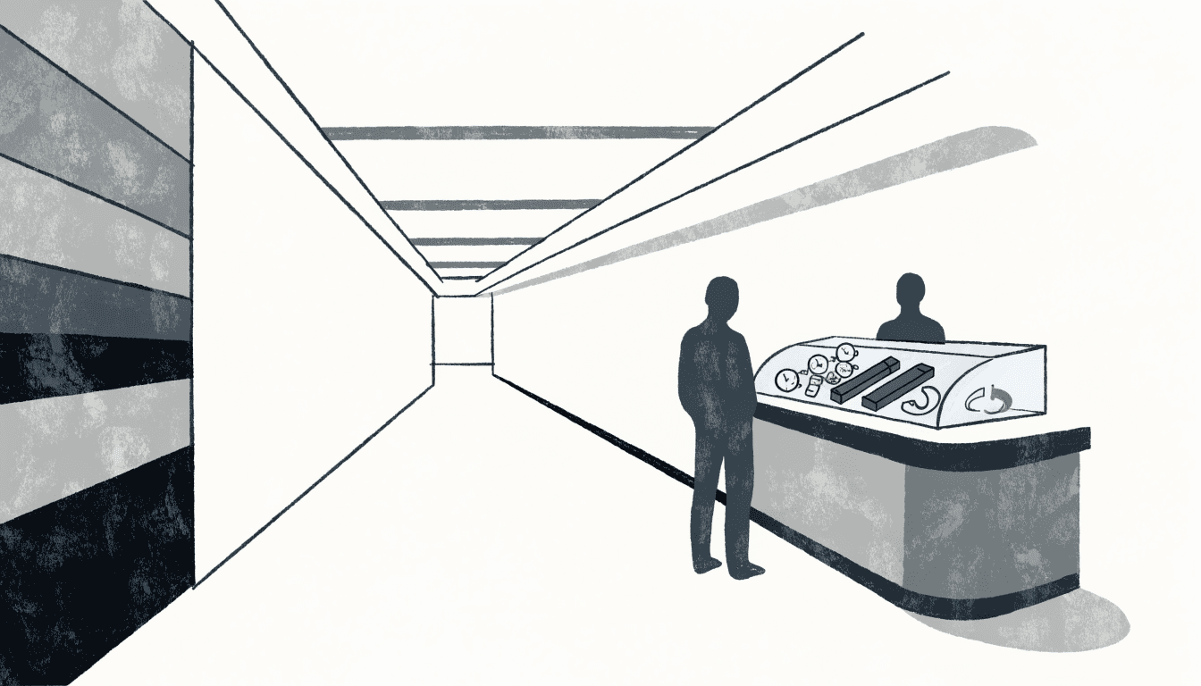Editorial illustration of a buyback and resale shop counter off a shopping-mall corridor, with a glass display case of watches and jewellery and two silhouette figures at the counter