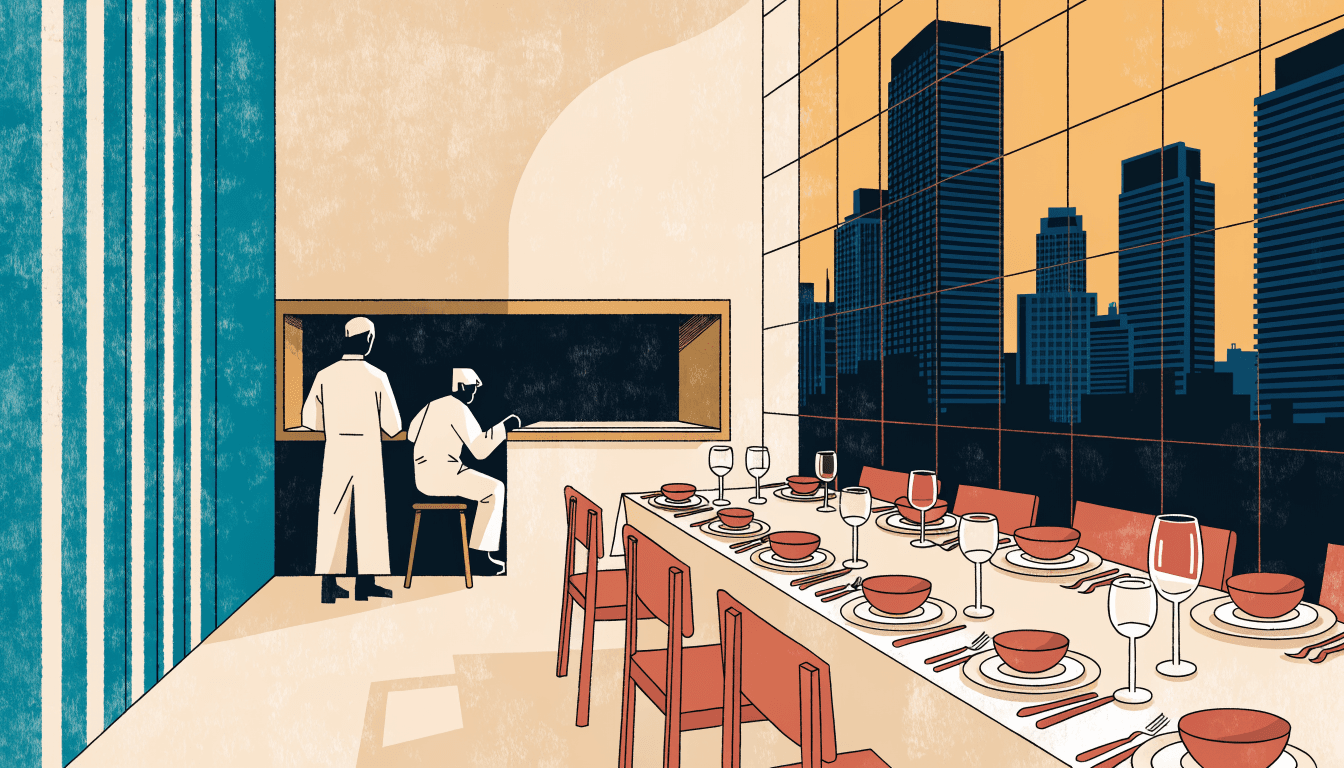 Illustration of two chefs at a pass beside a long dinner table set against a Tokyo skyline at dusk.