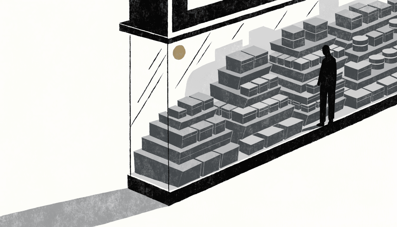 Calm near-monochrome illustration of a department store display case stacked with pastry boxes and tins, one silhouette figure browsing.