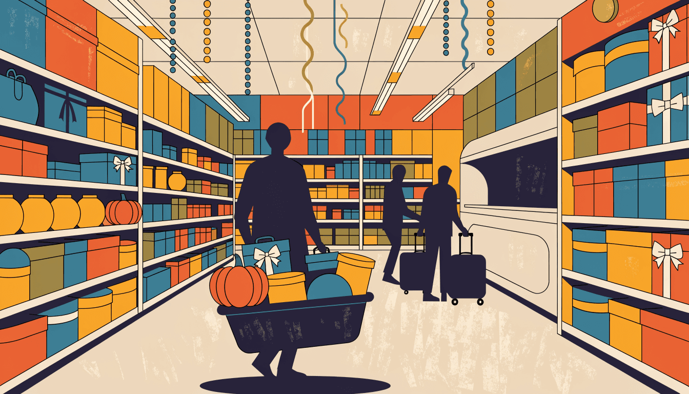 Flat-vector illustration of a densely stacked discount-store aisle with colourful boxed goods, a silhouette shopper pushing a laden basket, and two more shoppers with wheeled suitcases browsing nearby.