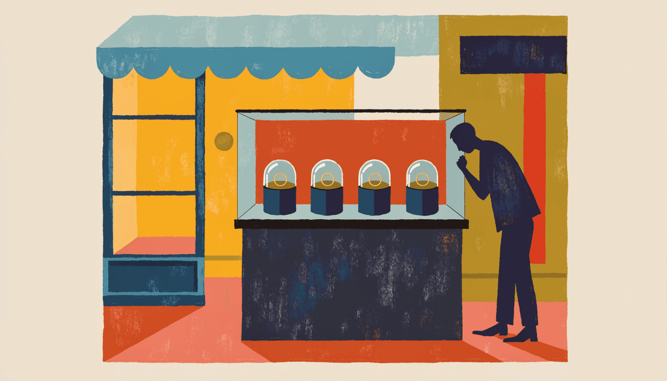 Editorial illustration of a silhouette shopper leaning over a glass jewellery counter with four rings displayed under domes, department-store storefront behind.