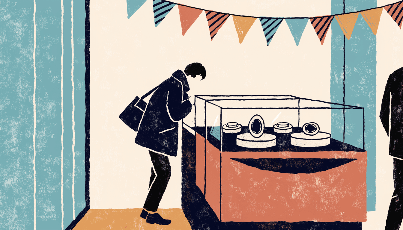 Illustration of a shopper leaning over a glass jewellery counter strung with pennant bunting inside a department store.