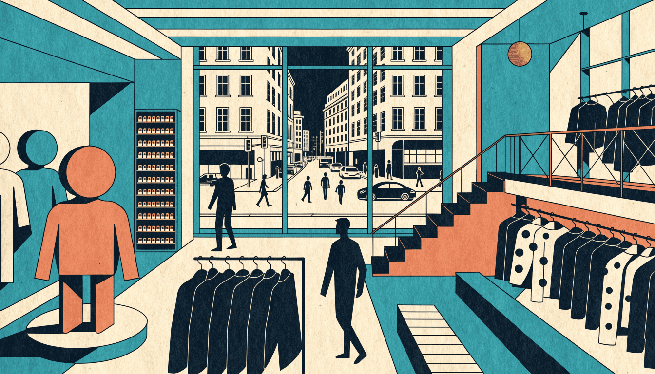 Illustration of a lively multi-level retail floor with character-toy displays beside clothing racks, a staircase and a city street visible through tall windows, warm flat-vector style.
