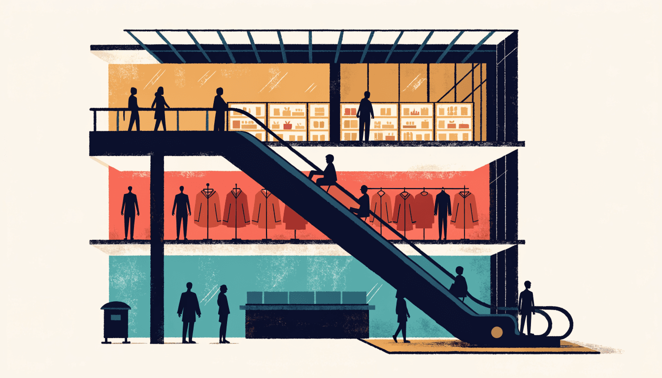 Flat-vector illustration of a tall Osaka retail building seen in cross-section, its stacked floors each lit differently, with silhouette shoppers riding the escalators between them.