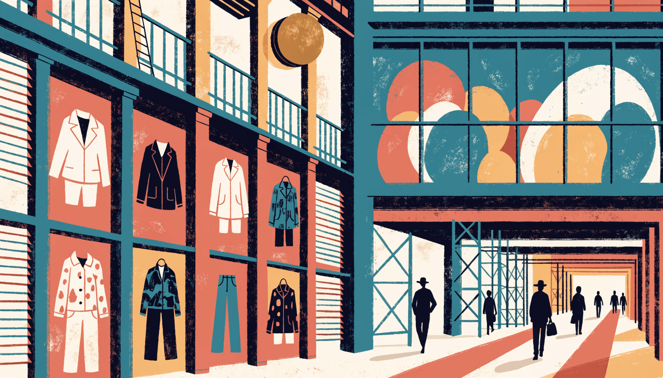 Illustration of a covered shopping arcade in Osaka with an outdoor-fashion window display beneath a bright, playful upper floor, silhouetted shoppers walking through below.