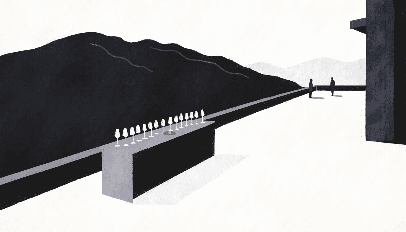 Illustration of a resort dining terrace at dusk with a long table set with wine glasses and a mountain view, with two silhouette figures.