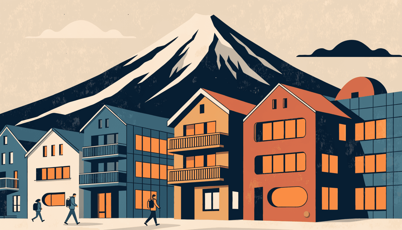 Illustration of a row of modern alpine ski villas at the base of a snow-covered mountain in Hokkaido, warm lights at dusk.