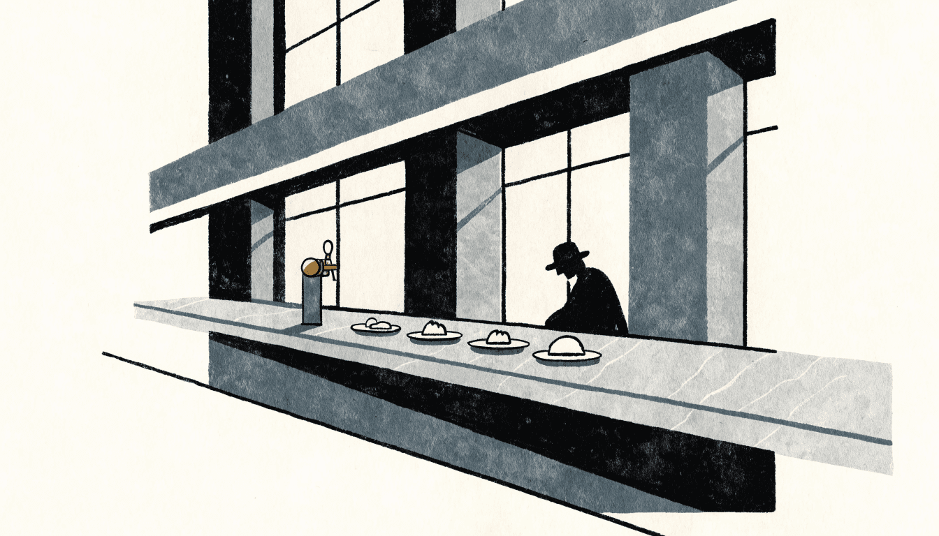 Editorial illustration of a hotel ground-floor deli-café counter transitioning from day to evening service, with a craft-beer tap and warm evening light.