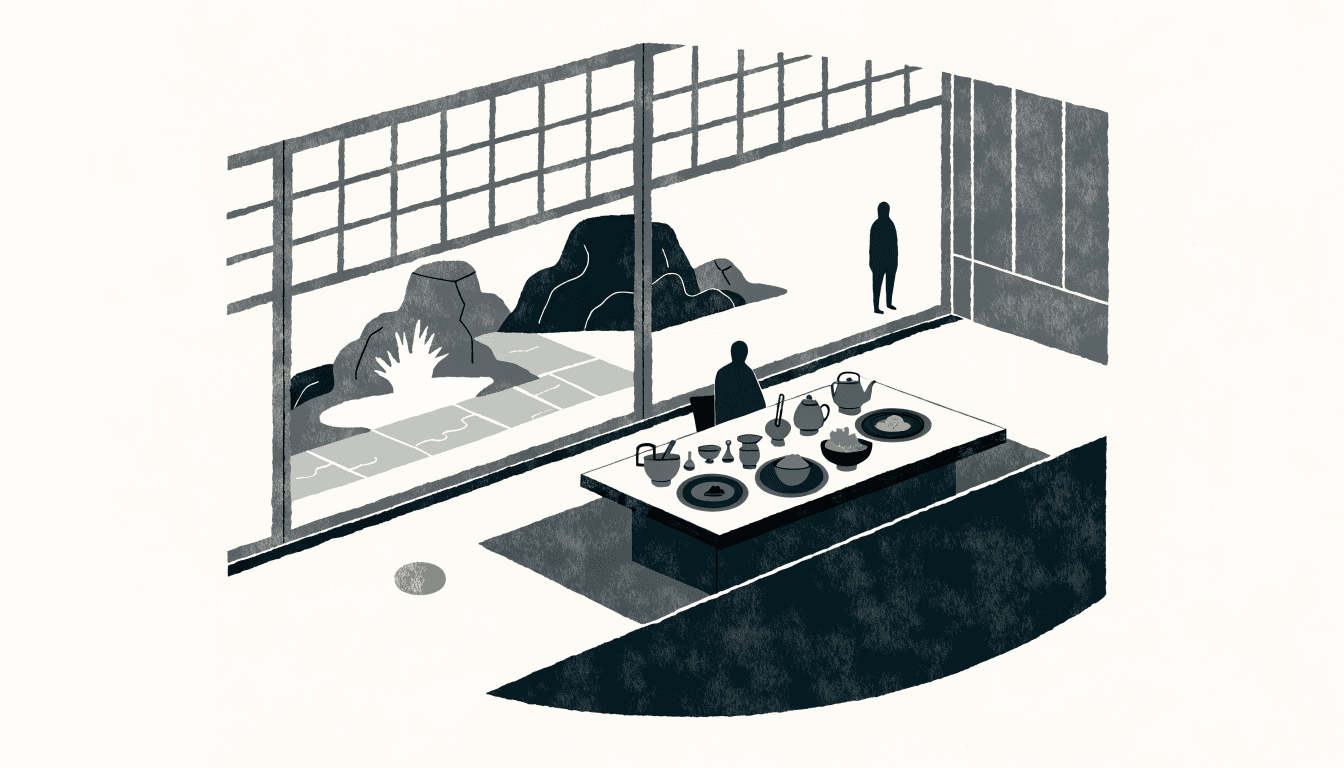Calm near-monochrome illustration of a Japanese kaiseki dining room with a low table set for a multi-course meal, a shoji screen opening onto a quiet rock garden, silhouette figures.