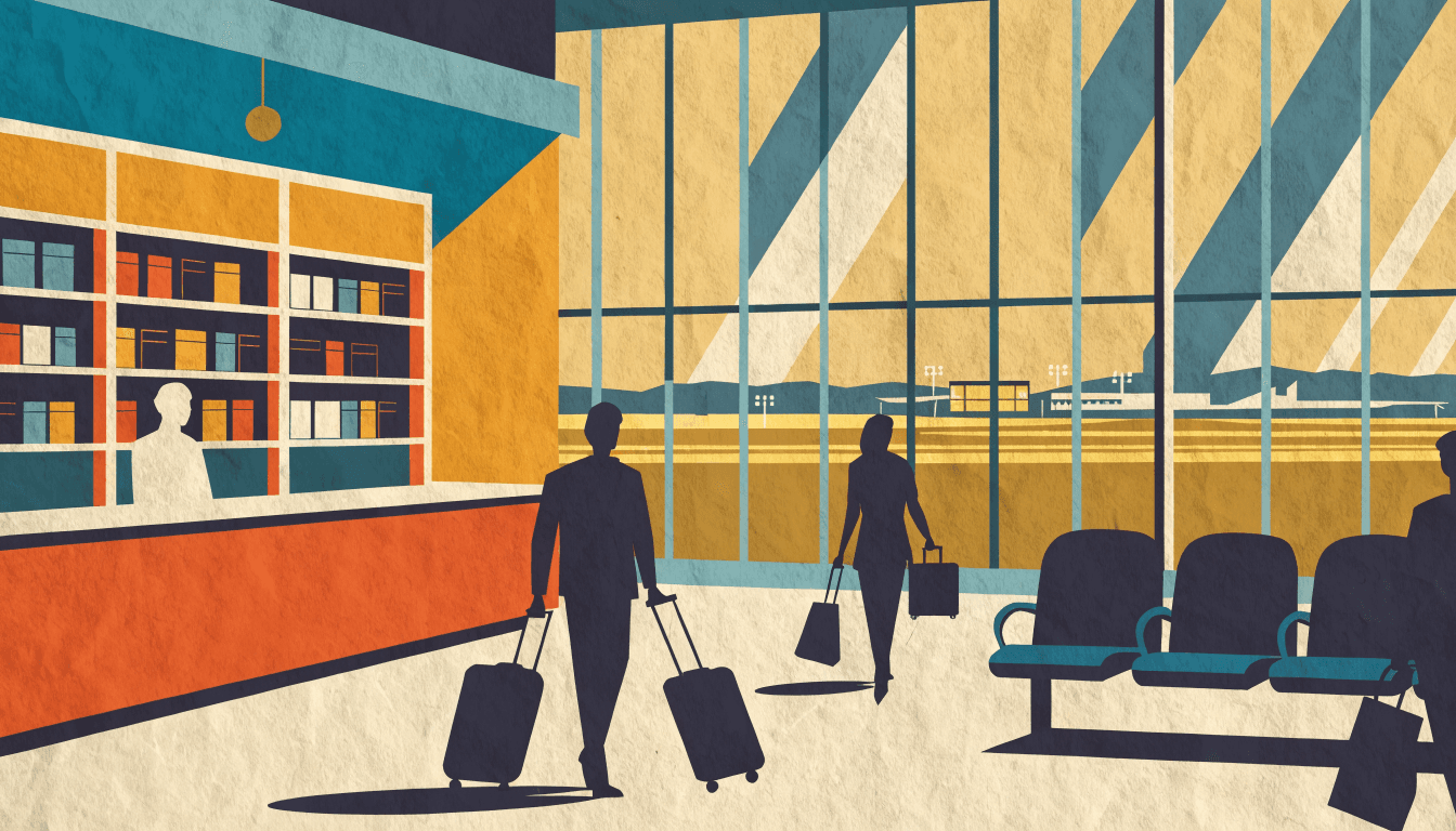 A warm editorial illustration of an airport duty-free cosmetics counter beside a departure gate, with travellers in silhouette and luggage nearby.