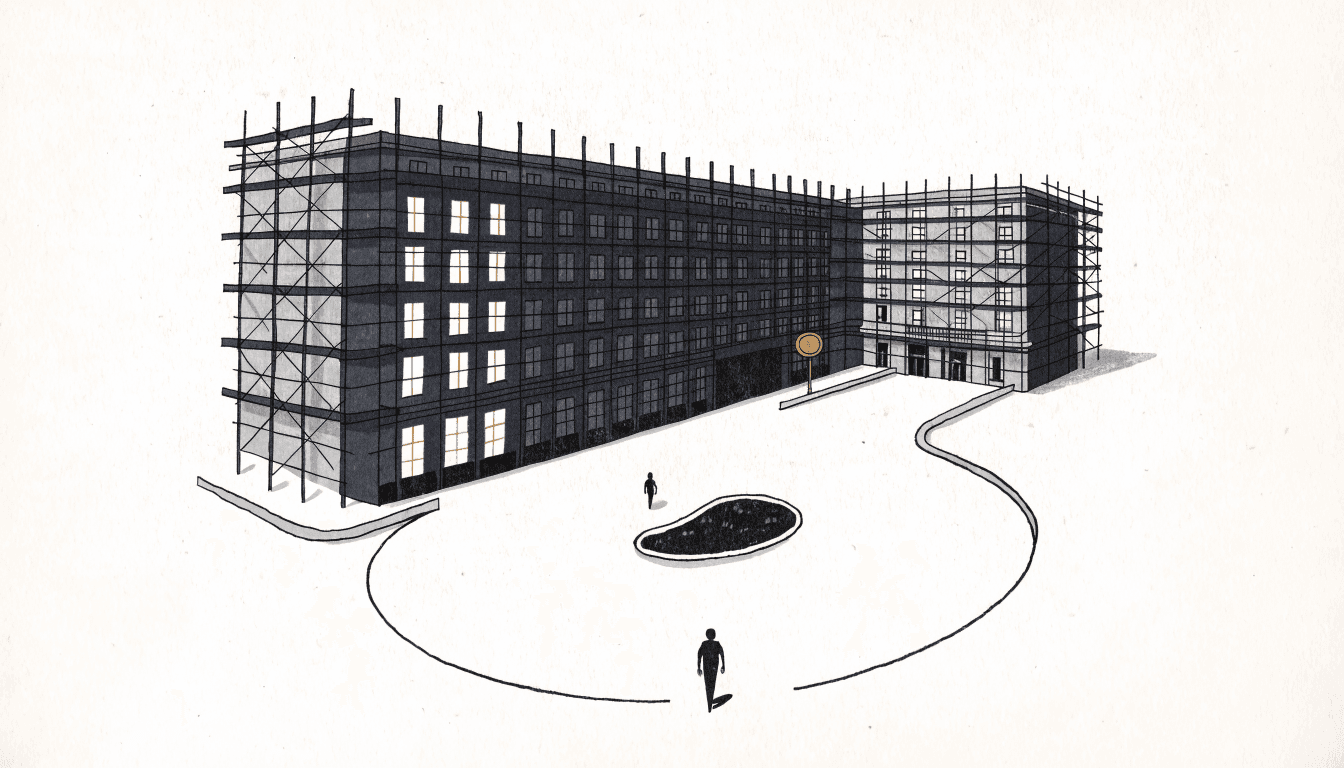 Illustration of a grand hotel facade wrapped in construction scaffolding at dusk, warm light in a few windows, a silhouetted figure crossing the circular driveway below.