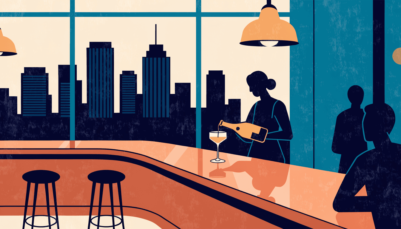 Editorial illustration of a hotel bar at dusk in Tokyo — a silhouette bartender pours champagne into a coupe glass on a curved terracotta counter, a soft city skyline visible through the window behind.