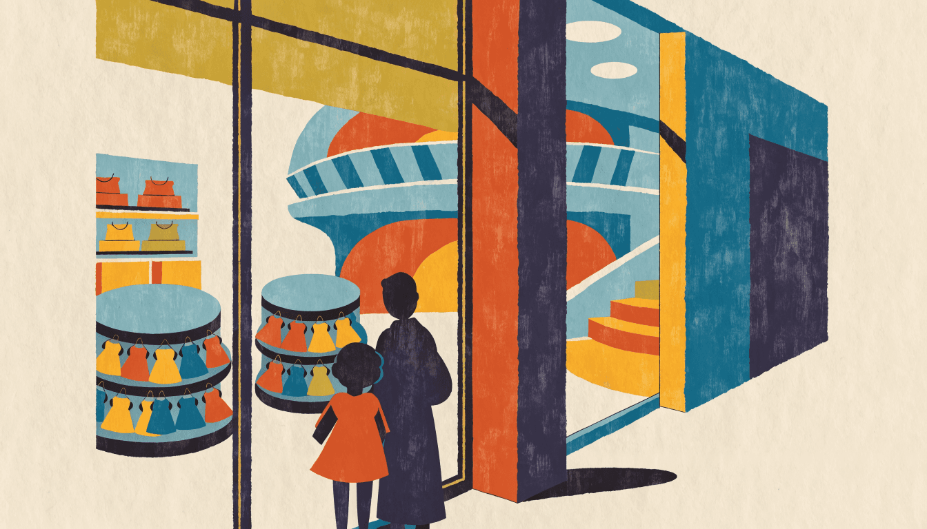 Illustration of a bright children's clothing shop-front inside a shopping mall, colourful garments on round display racks, a silhouette parent and child browsing from behind.