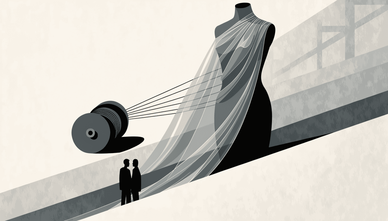 A dress form on a diagonal runway drape, wrapped in luminous pale silk with visible filament threads leading to a large spool, two silhouetted figures observing from below