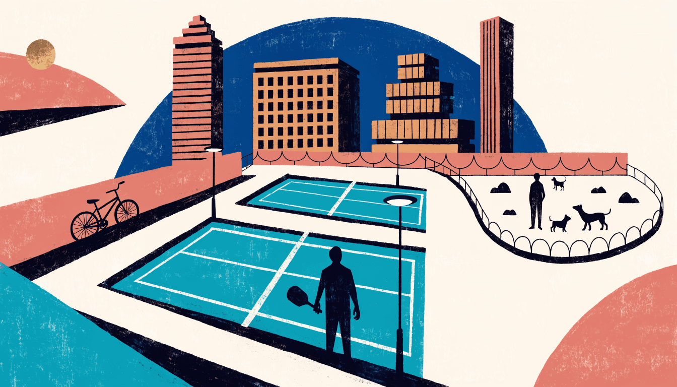 Editorial illustration of a lit outdoor court complex beside a small urban dog park at dusk, waterfront towers in the background, one silhouette figure with a paddle, in a warm travel-journal palette.