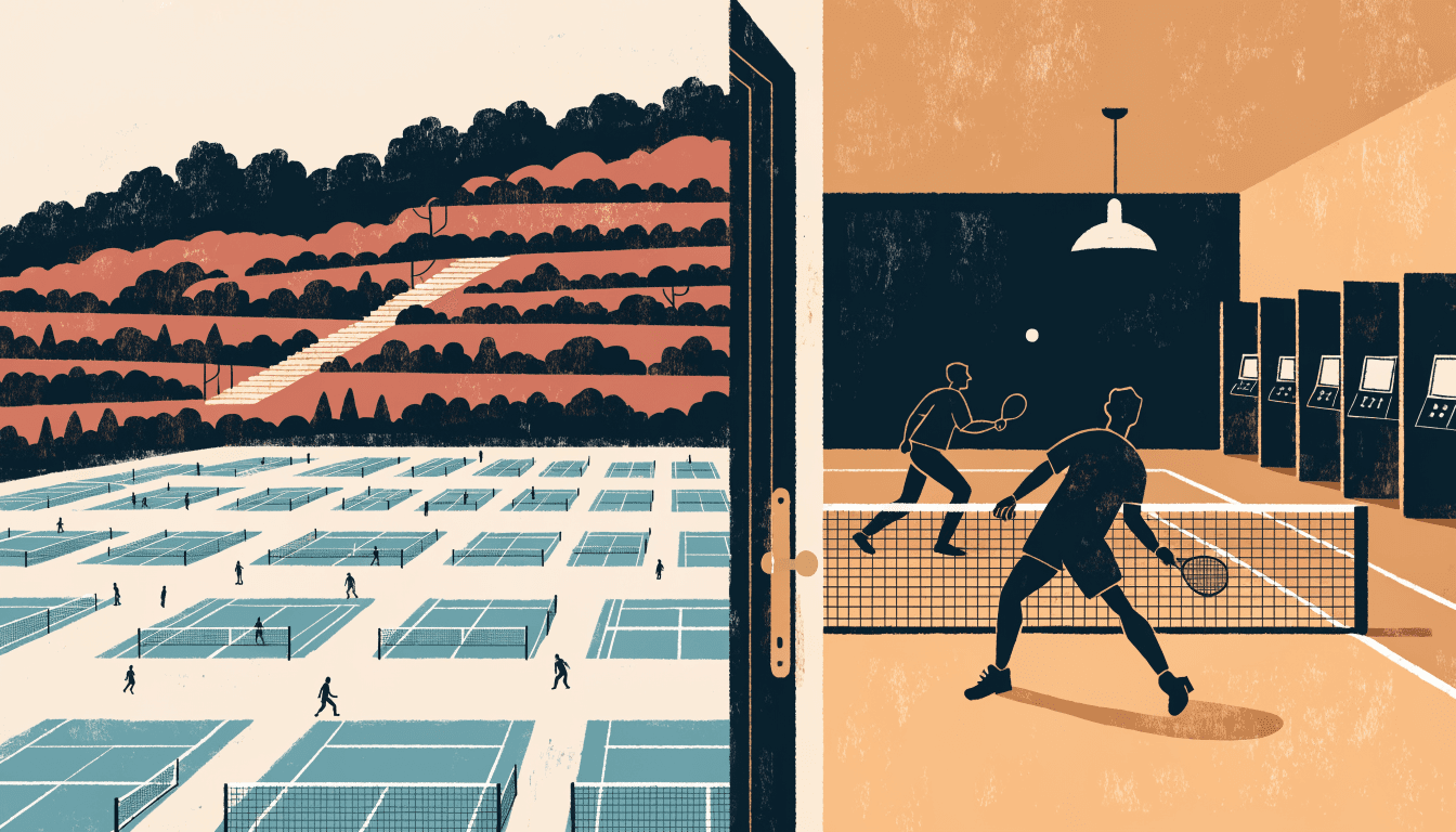 Illustration: a split scene divided by a doorway — on one side, rows of open-air resort courts below wooded hills with small silhouetted players spread across them; on the other, a single indoor court where two silhouetted players rally beside a row of golf-simulator bays.
