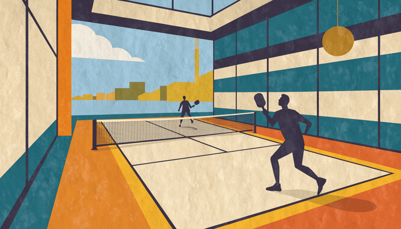 Editorial illustration — two silhouetted figures playing pickleball inside a glass-walled indoor court overlooking a waterfront district.