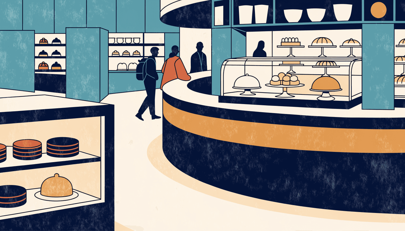 Editorial illustration of a department-store basement patisserie counter, pastries arranged on display stands under warm light.