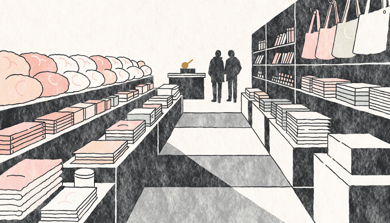 Editorial illustration of a basement lifestyle store aisle seen on a diagonal, with shelves of soft plush toys, pastel stationery and tote bags and a small frozen-yogurt counter at the far end, two shoppers in silhouette walking toward it.