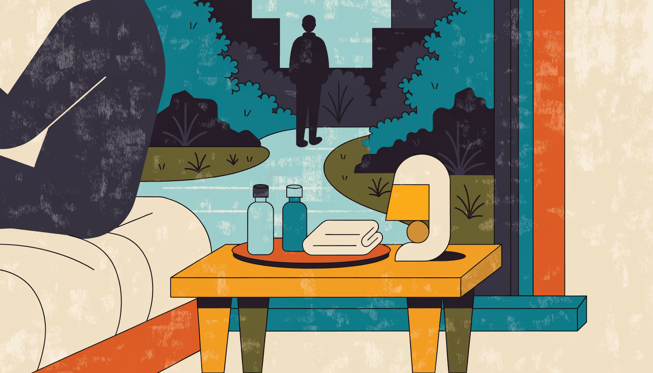 A warm editorial illustration of a ryokan bedside table at night, with a small amenity tray of bottles and a folded towel beside a lamp, and a silhouetted figure standing in a quiet garden beyond the window.