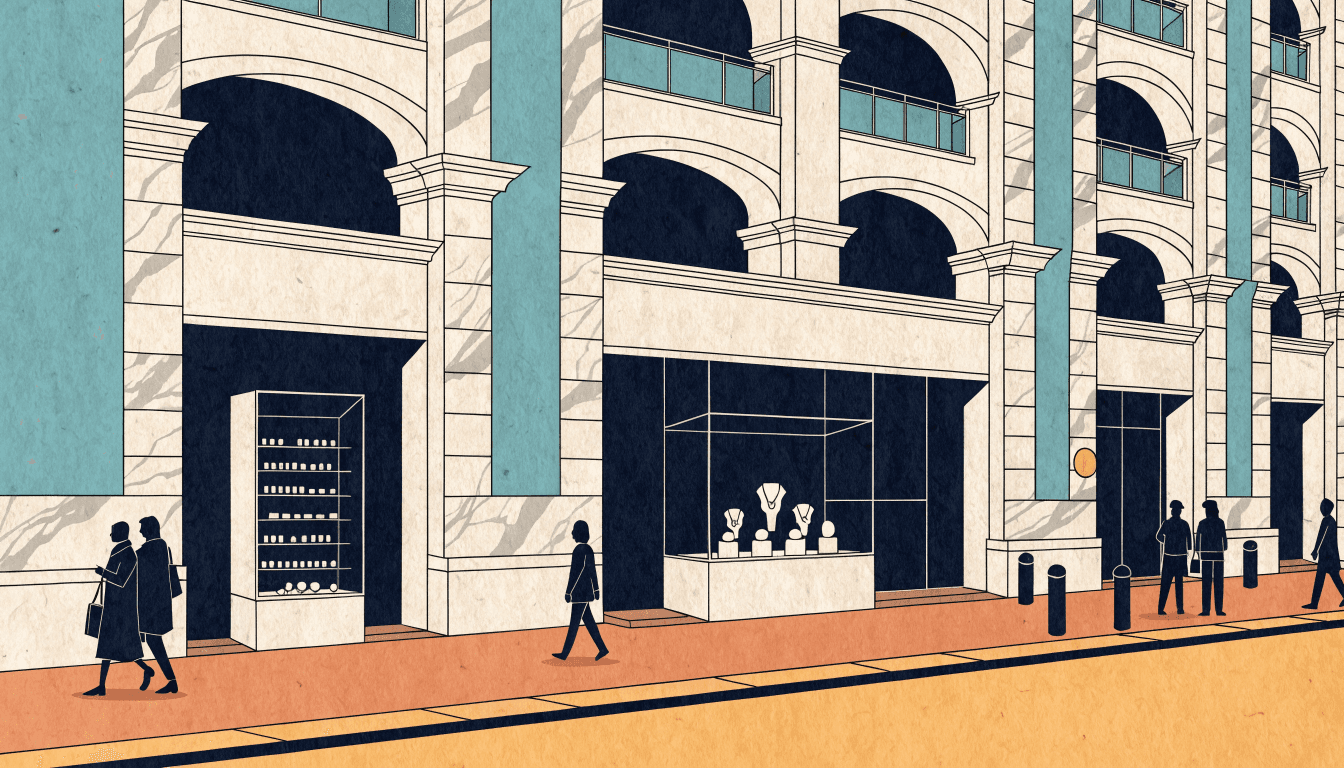 Warm editorial illustration of a department-store ground-floor jewellery boutique with a marble facade and glass display cases.