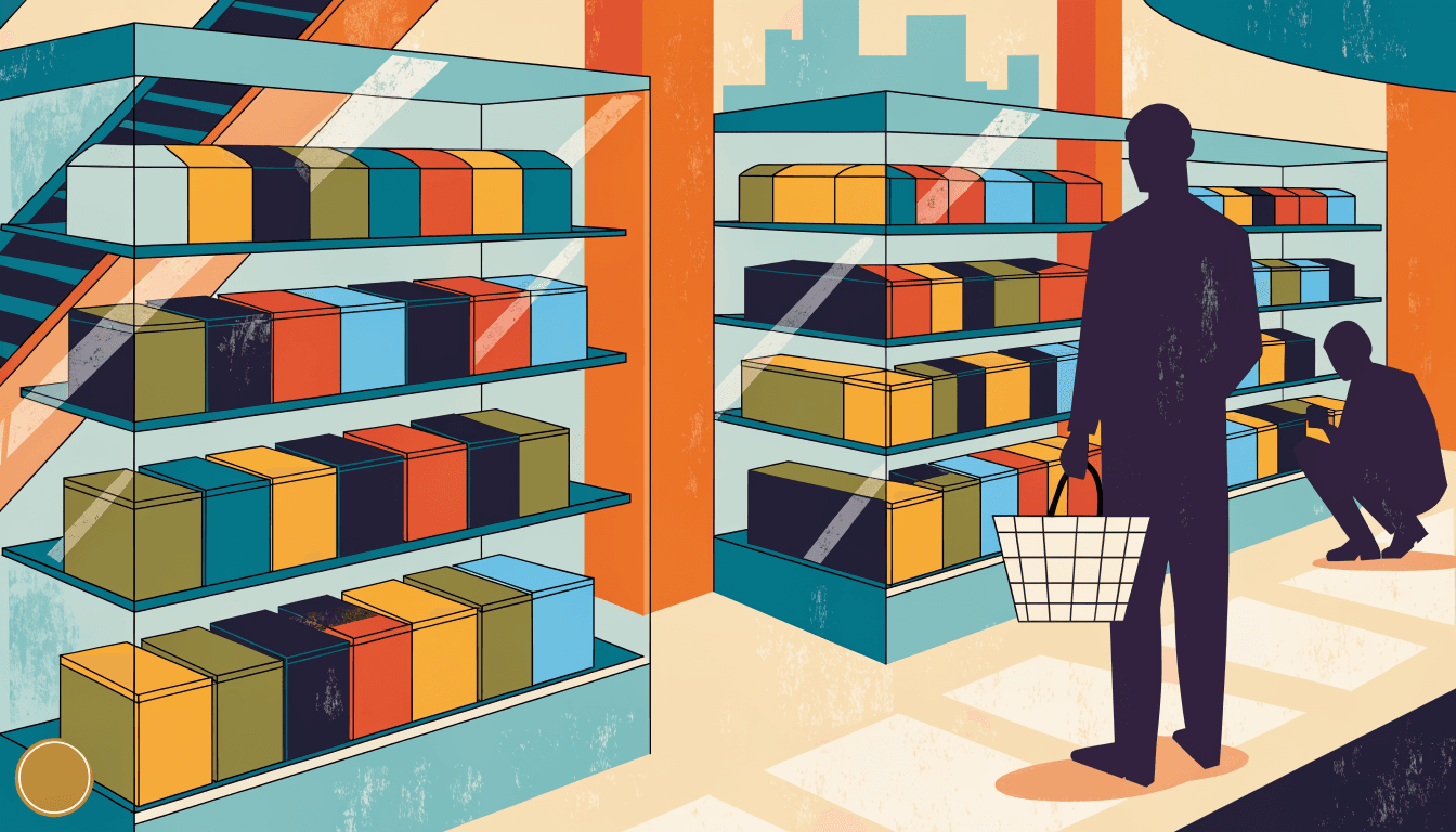 Flat-vector illustration of a bright collectible-toy retail floor with glass display cases of boxed figures, a silhouette shopper browsing with a basket, and another crouching at a lower shelf, an escalator well beyond.