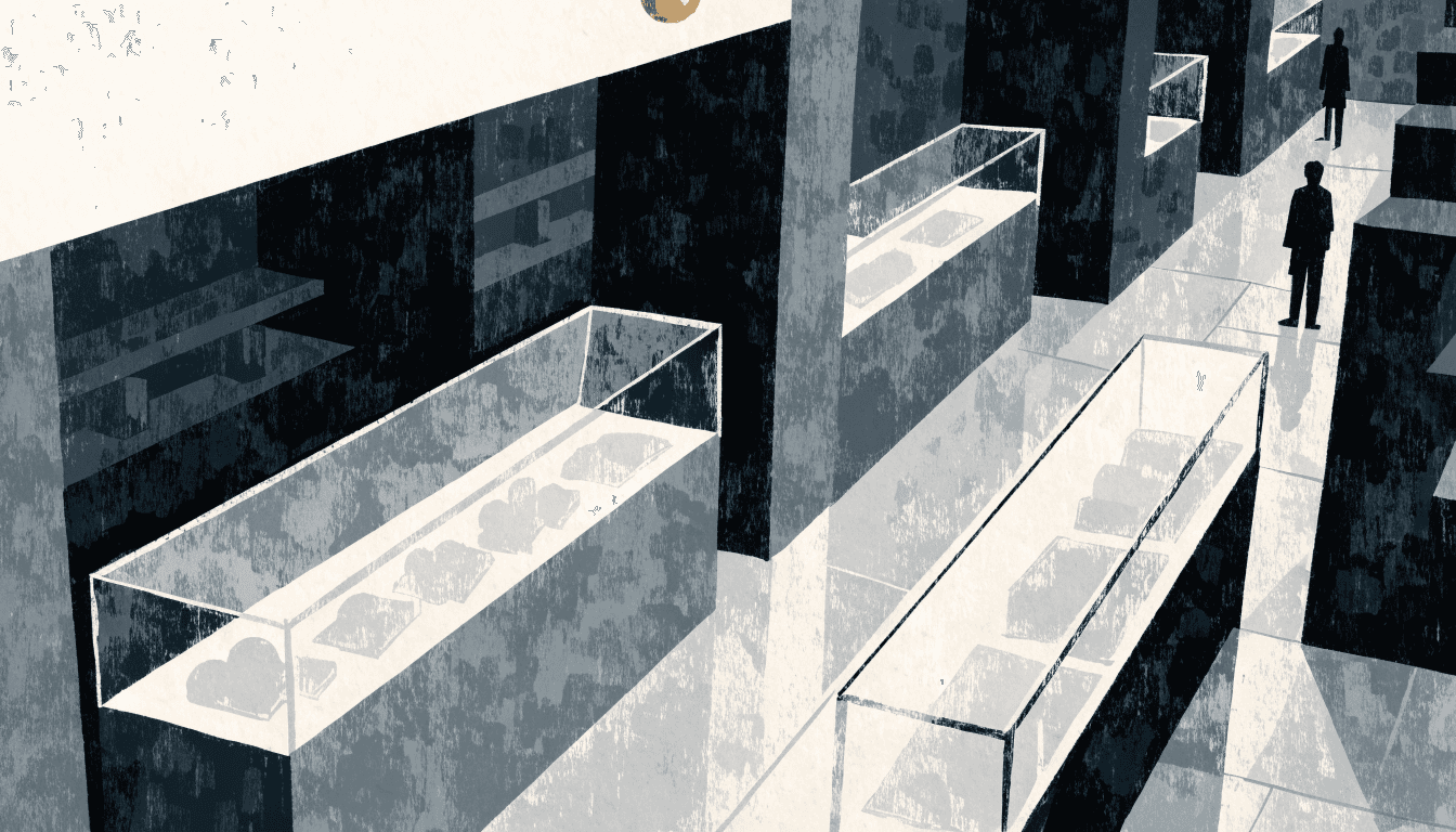 Editorial illustration — A hushed, dimly-lit luxury boutique interior with polished stone floors and glowing glass display cases, evoking the calm of a flagship sales floor after a strong reporting period.