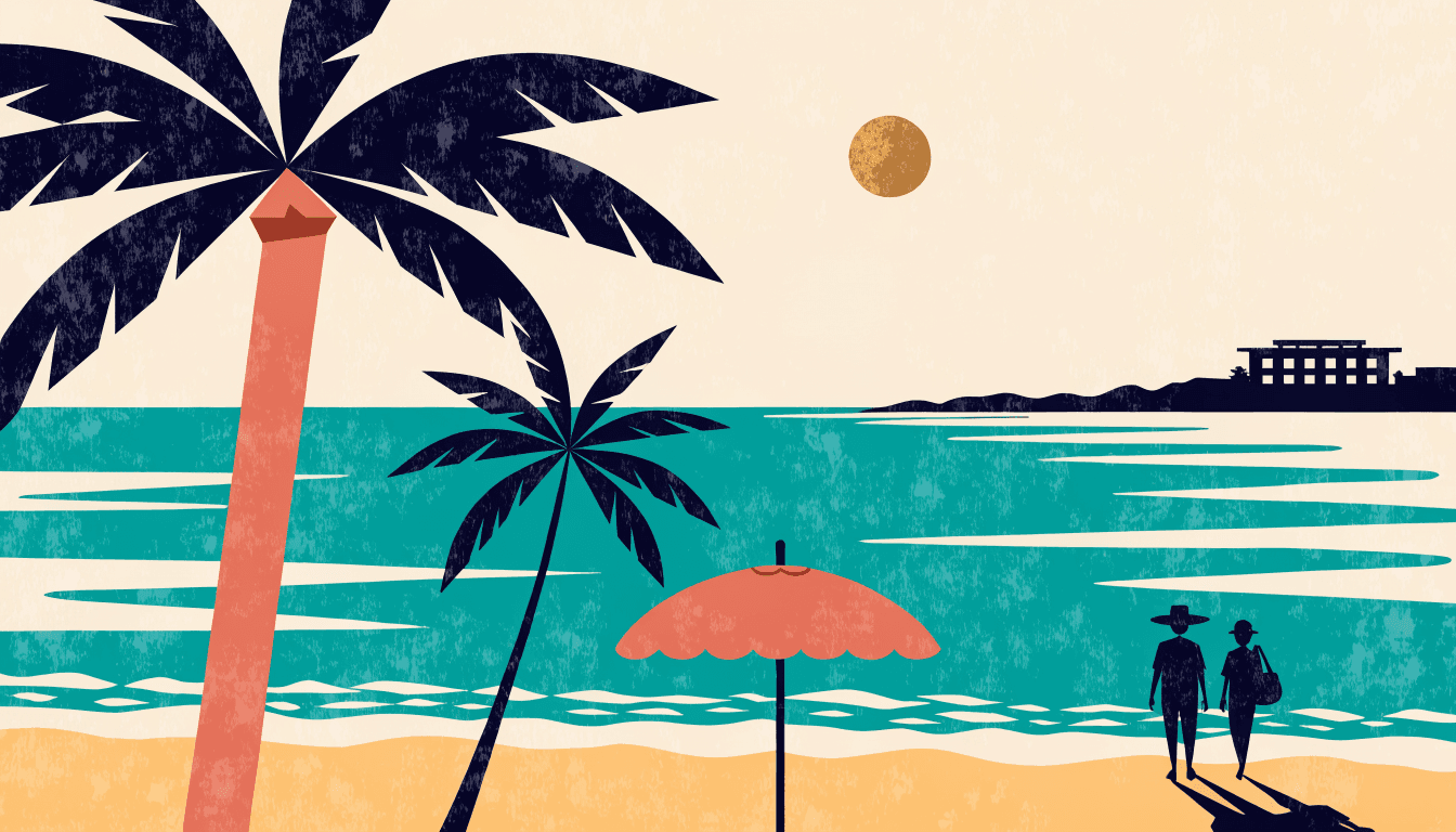 Editorial illustration of a tropical beach with palm trees and a sun umbrella, turquoise water, a low hotel building silhouette in the distance and two silhouette figures walking along the shore.