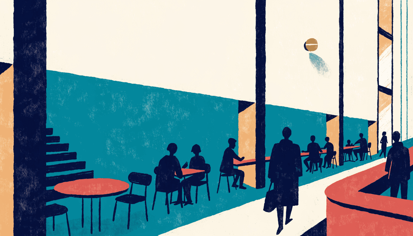 A flat-vector illustration of a lively restaurant floor inside a modern tower, with silhouetted diners seated along a row of small dining fronts.
