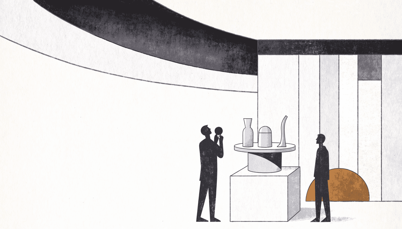 Illustration of a small beauty-tech counter inside a department store, a silhouette figure trying a device while another looks on, calm near-monochrome editorial style with a small brass-gold accent.
