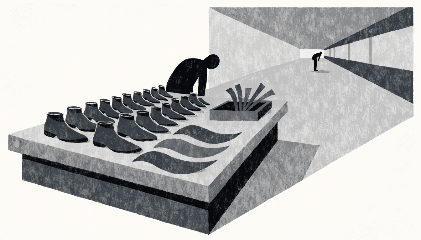Calm editorial illustration of a hushed atelier corner inside a department store, a workbench with shoe last forms and leather swatches, one silhouette figure at work, a long corridor receding into the distance.