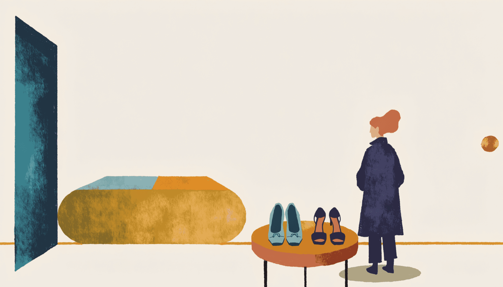 A stylised illustration of two shoes displayed on minimal plinths on a calm concept-store floor, with a soft reflection.