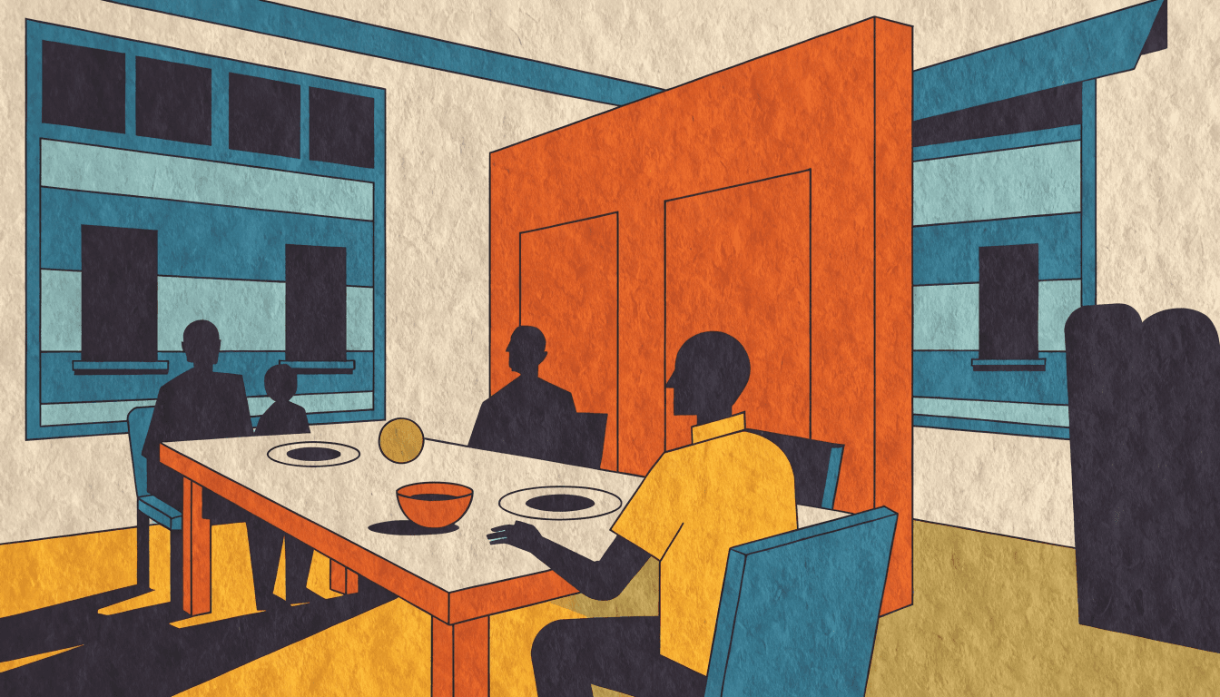 Illustration of a warm, busy restaurant dining room with a family sharing a meal