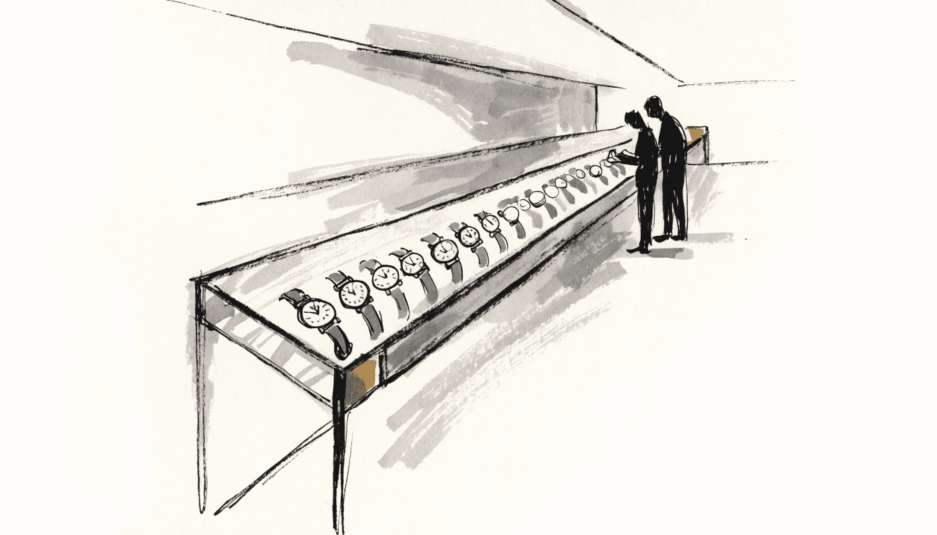Illustration of a calm watch and jewellery boutique interior seen along a long diagonal glass display case, a silhouette customer viewed from behind examining a piece with a staff member