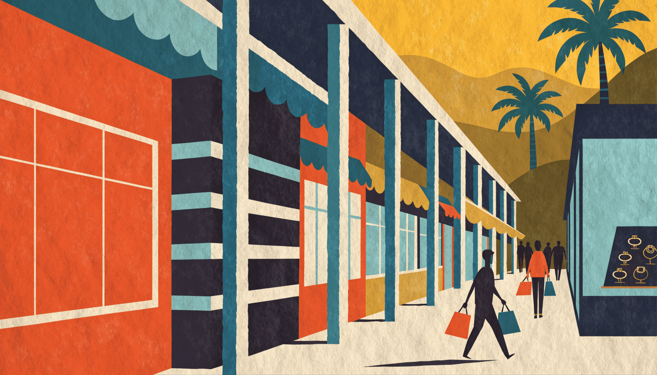 Illustration of an outdoor premium-outlet mall walkway at dusk with mixed shop facades, a jewellery display case, and simplified silhouette shoppers strolling with bags, palm trees in the distance.