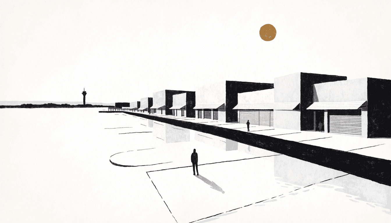 Illustration of a low-rise waterfront shopping complex with shuttered storefronts and a distant airport control tower across the water, warm near-monochrome palette.