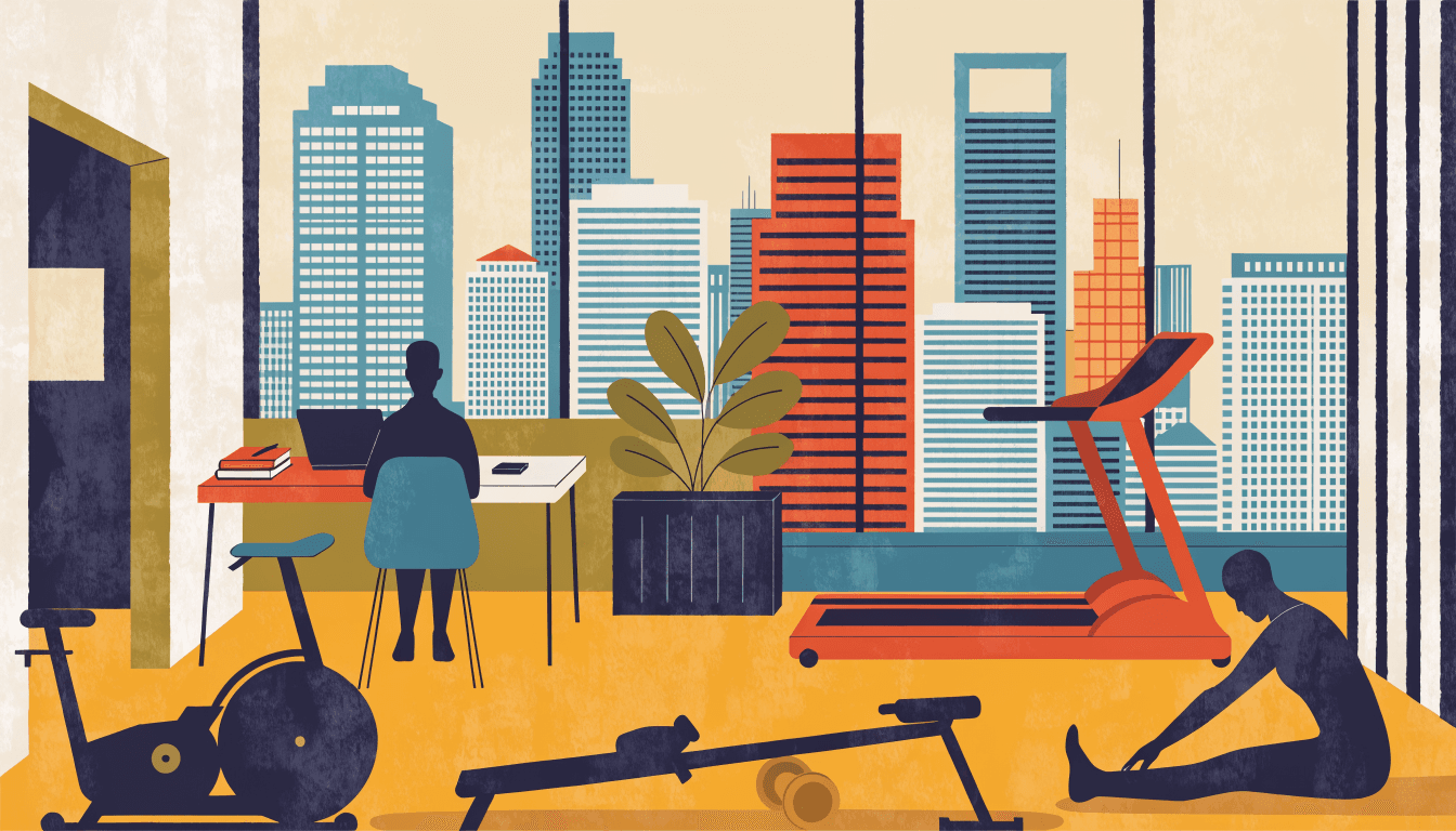 A calm editorial illustration of an urban co-working lounge with treadmills alongside desks, city skyline visible through the window.