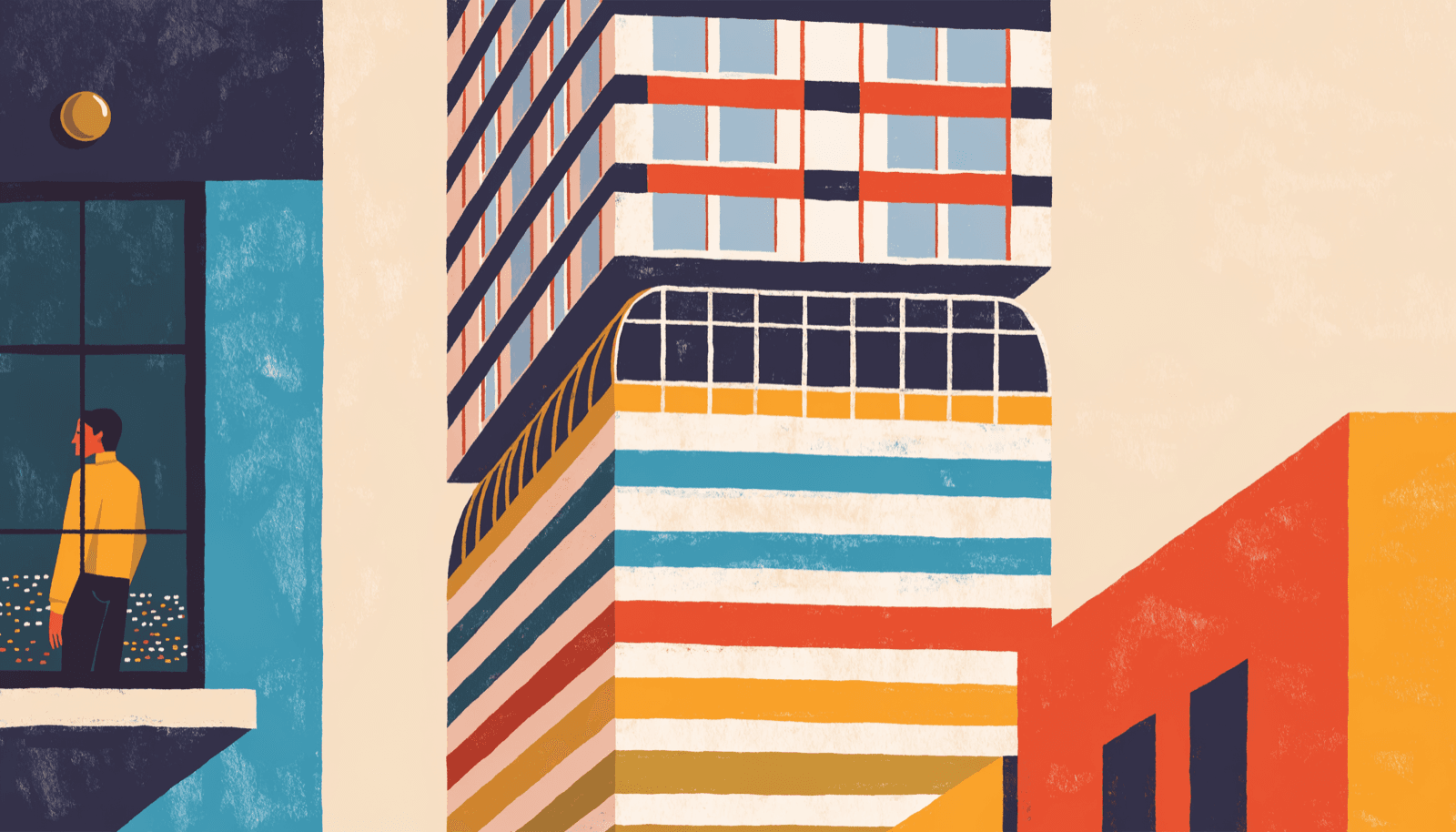 Illustration of a slender high-rise tower seen from below, striped floors rising to a brass-gold rooftop garden above pale city blocks